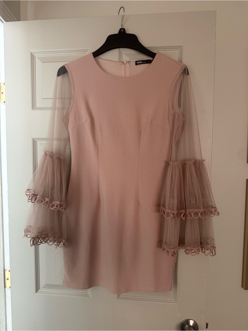 Lina Tan Sheath Dress with Ruffled Bell Sleeves